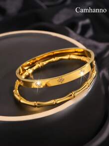 Camhanno 2 款简约、时尚、优雅迷人的不锈钢竹锆石手链，形状和款式各异，为您的美丽加分，适合日常节日佩戴，也适合送给爱人/挚友 - 金色 - 查看 11