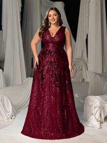 Faeriesty Plus Elegant Sleeveless V-Neck Evening Gown With Intricate Embroidery Sequin, Luxurious Formal Wear For Weddings, Red Carpet Events & Gala Dinners, Party Dress, Wedding Guest Dress, Evening Dress - 酒紅色 - 查看 3