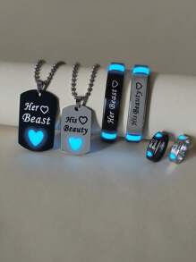 ATLVXJL 6 Stücke/Set nachleuchtende Herzen, "Ich liebe dich", "Ihre Schönheit und sein Biest" Buchstaben Edelstahl Paar Halskette Armband Ringe Set, Liebe Schmuckset für Valentinstag, Alltag
