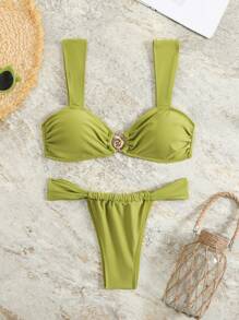 New Arrival Europe And America Solid Color Metal Decor Thick Strap Backless Sexy Bikini Swimwear