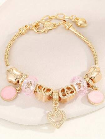 1 pieza Encantador Colgante en forma de corazón rosa con pulsera de cobre, con cuentas de resina brillante - Joyería elegante hecha a mano para niña, diseño hueco delicado, longitud de cadena ajustable, regalo perfecto para ella