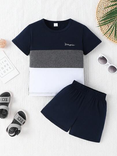 Young Boy 2pcs/Set Summer Color Block Round Neck Short Sleeve T-Shirt And Shorts Set, For 3-7 Years Old, Casual, Sports, School, Vacation, Athletics