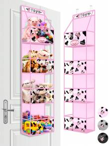 1pc Black/Pink/Grey 4-Shelf Over The Door Hanging Organizer With 2 Metal Hooks,Cow Pattern 4 Pocket Over The Door Wall Mount Storage With Clear Windows For Baby Nursery Bathroom Closet,Bedroom,Dorm,Diapers,Kids Dolls - Cow Pattern - View 3