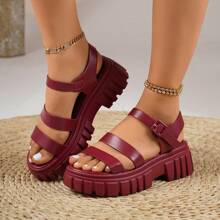 Women's New Round Toe Sandals With Thick Soft Sole, Soft Leather Comfortable Non-Slip Casual Versatile Open Toe, Plus Size 43 Roman Style Sandals - Red Violet - View 2