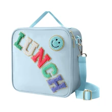 1 件刺绣字母和笑脸户外保温午餐手提袋，便携式食物野餐冷藏袋