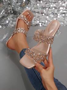 女士高跟凉鞋，法式方头香槟色亮片透明带心形水晶高跟鞋，适合礼服、正式活动、性感派对、生日、情人节礼物