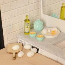 Set de 13 piezas Mini Cocina de Juguete con Aceite de Oliva, Huevos, Ollas y Sartenes de Cerámica, Juguetes para Fotografía y Decoración