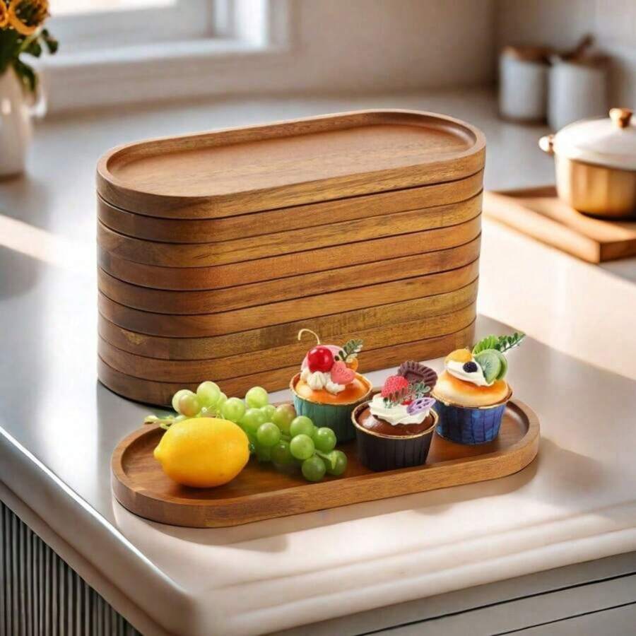 1pc Wooden Tray, Kitchen & Dining Serving Platter, Polished Wooden Dish, Oval Appetizer Board, Decorative Cheese Plate, Tray For Food, Appetizer, Vegetable, Fruit, Snack, Dessert, Also Perfect Gift For Birthday, Party, Wedding, Kitchen & Dining