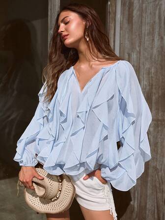 Simplee Women's Autumn Tie-Up Ruffle Trim Flowy Long Sleeve Blouse, Romantic, Vacation, Boho, Music Festival, Airport Travel, Back To School