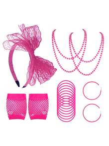 D EXCEED 6 PCS 1920s Costume Accessories For Women Neon Lace Bow Hairband Circle Earrings Artificial Bead Necklace Bracelet Fishnet Gloves Bride Weddings Masquerade Decorations Gifts Prom - Multicolor - View 13