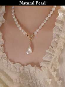 1pc Fashion Asymmetrical Baroque Pearl Necklace, Natural White Baroque Pearl Pendant Necklace, Stylish & Unique For Daily Wear, Holiday Gift