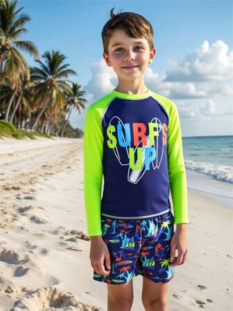 Boys Two Pieces Rash Guard Swimsuits Kids Long Sleeve Sunsuit Swimwear Sets