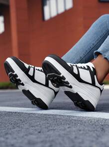 儿童轮式溜冰鞋，男童女童户外带轮运动鞋，时尚休闲轮滑鞋 - 黑與白 - 查看 7