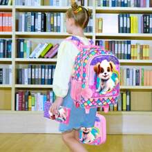 3件套女童拉杆背包，儿童带轮书包，小学生拉杆背包带午餐袋 - 小狗图案 - 雙拉桿背包 - 查看 10