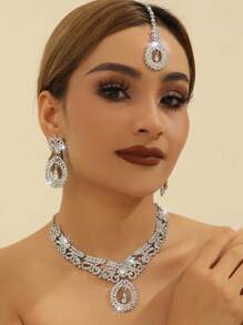 Juego de joyería de 4 piezas, lujoso y elegante, con cristales, que incluye aretes, collar, accesorio para el cabello, adecuado para novia de Dubái, fiesta de boda - conjunto de joyas - Ver 2