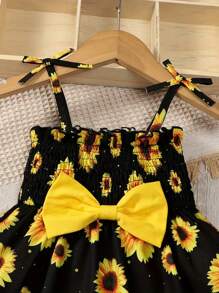Young Girl Chrysanthemum Print Bow Strap Dress - Multicolor - View 4