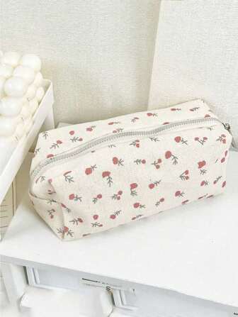 1pc Simple Cream Small Floral Pen Bag Large Capacity Student Stationery Storage Bag Pencil Bag Stationery Storage Bag
