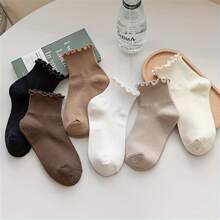 1/3/6 Pairs Mid-Calf Socks For Women, Ruffled Trim & Floral Pattern, Versatile For Spring, Fall & Winter - Multicolor - View 3