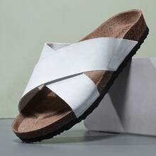 Men's Casual Slide Sandals, Summer Soft Wood Slippers, Criss-Cross Strap, Home & Outdoor Wear, Couples Shoes - White - View 2