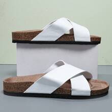 Men's Casual Slide Sandals, Summer Soft Wood Slippers, Criss-Cross Strap, Home & Outdoor Wear, Couples Shoes - White - View 3