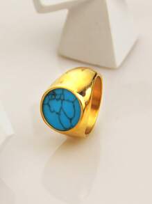 Mazuer 1pc 18k Gold Vintage Retro High-End Design Stainless Steel Turquoise Ring, Elegant & Chic For Women, Suitable For Valentine's Day, Daily Wear, Parties, Meetings, Dates, Gifts, Travels, Holidays,Mom,Mother,Mother's Day,Gift - Yellow Gold - View 6