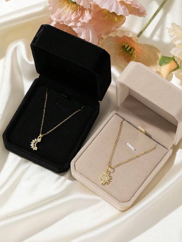 Set de 2 collares con colgante de sol y luna de pareja y hermanas, chapado en oro de acero inoxidable con decoración de circonita, joyería de moda, apta para uso diario y regalo de San Valentín (sin incluir caja de joyería)
