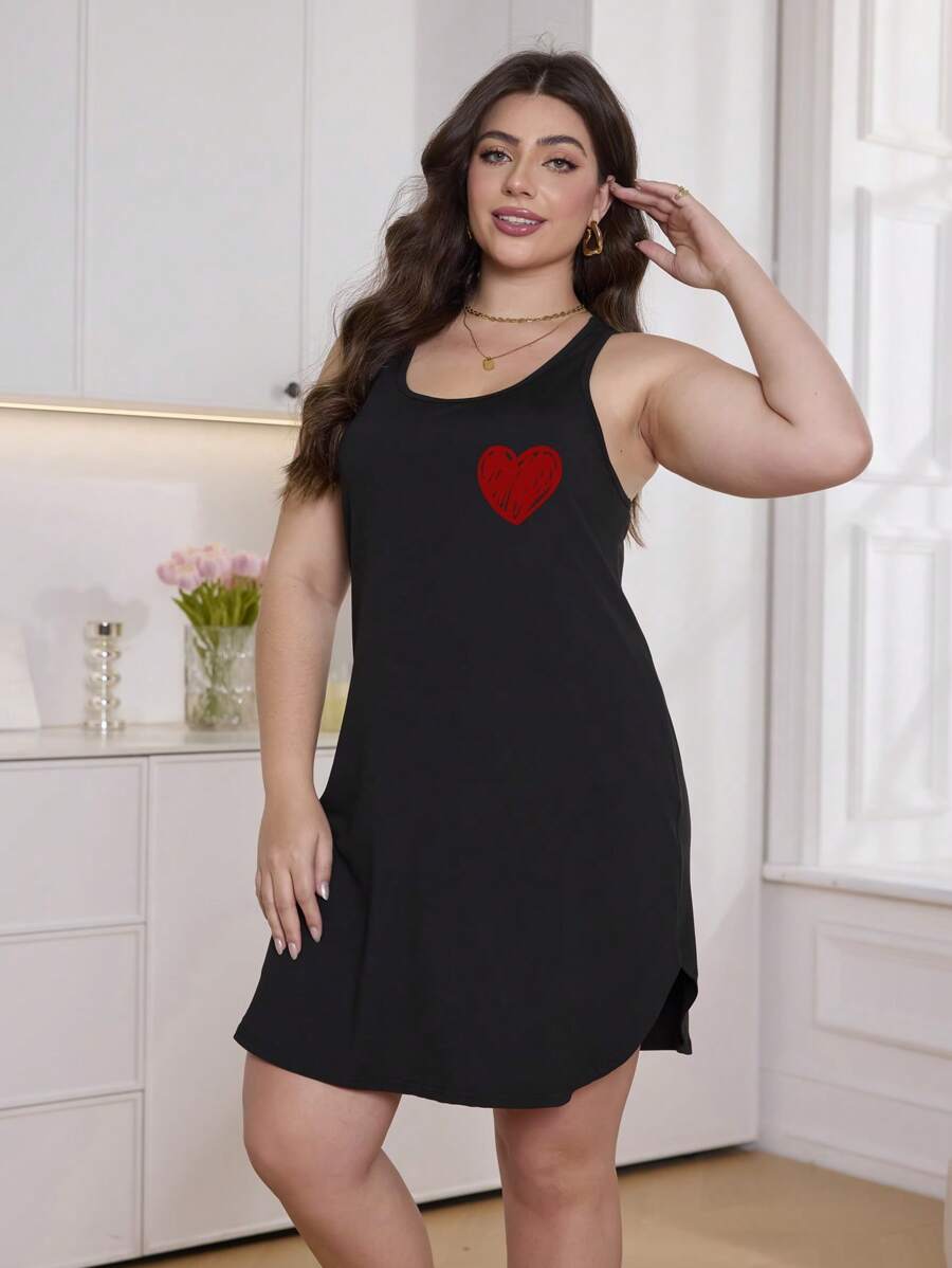 Women's Plus Size Sleeveless Casual Summer Suspender Dress, Love Graffiti Print, Round Neck Sleeveless, Light And Comfortable Style - Black - View 1