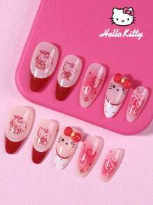 Sanrio Uñas postizas francesas con puntas de almendra de Hello Kitty de Sanrio, 24 piezas, con decoración 3D de Hello Kitty con moño, ajuste perfecto, set de uñas acrílicas falsas, que incluye 1 gel de gelatina y 1 lima de uñas, uñas de Hello Kitty para uso diario y de fiesta para mujeres y niñas