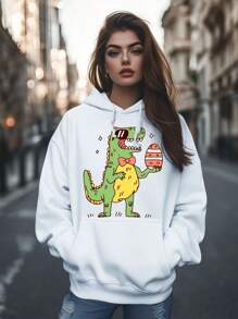 Women's Fashion Easter Egg Dinosaur Print Hoodies Long Sleeve Hood Sweatshirt Loose Fit Tops Fall Streetwear - White - View 1