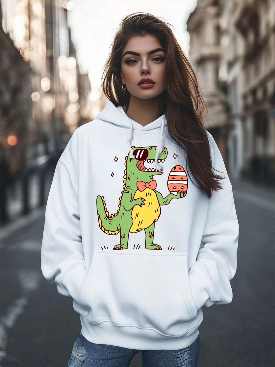 Women's Fashion Easter Egg Dinosaur Print Hoodies Long Sleeve Hood Sweatshirt Loose Fit Tops Fall Streetwear - White - View 1