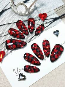 Y2K Romantic Baby|10 Medium-Length Almond-Shaped Handmade Press-On Nails.This Style Has A Black Background, Red Heart-Shaped Sequins, And Water Drop Decoration, Which Gives A Feeling Of Romantic Love.Perfect For Sweet, Stylish And Sexy Girls, Perfect For Dates, Parties, Disco And Camping.This Manicure Set Contains 1 Jelly Gel And 1 Mini Nail File, As Well As A Set Of Beautiful Handmade Press-On Nails. - Multicolor - View 1