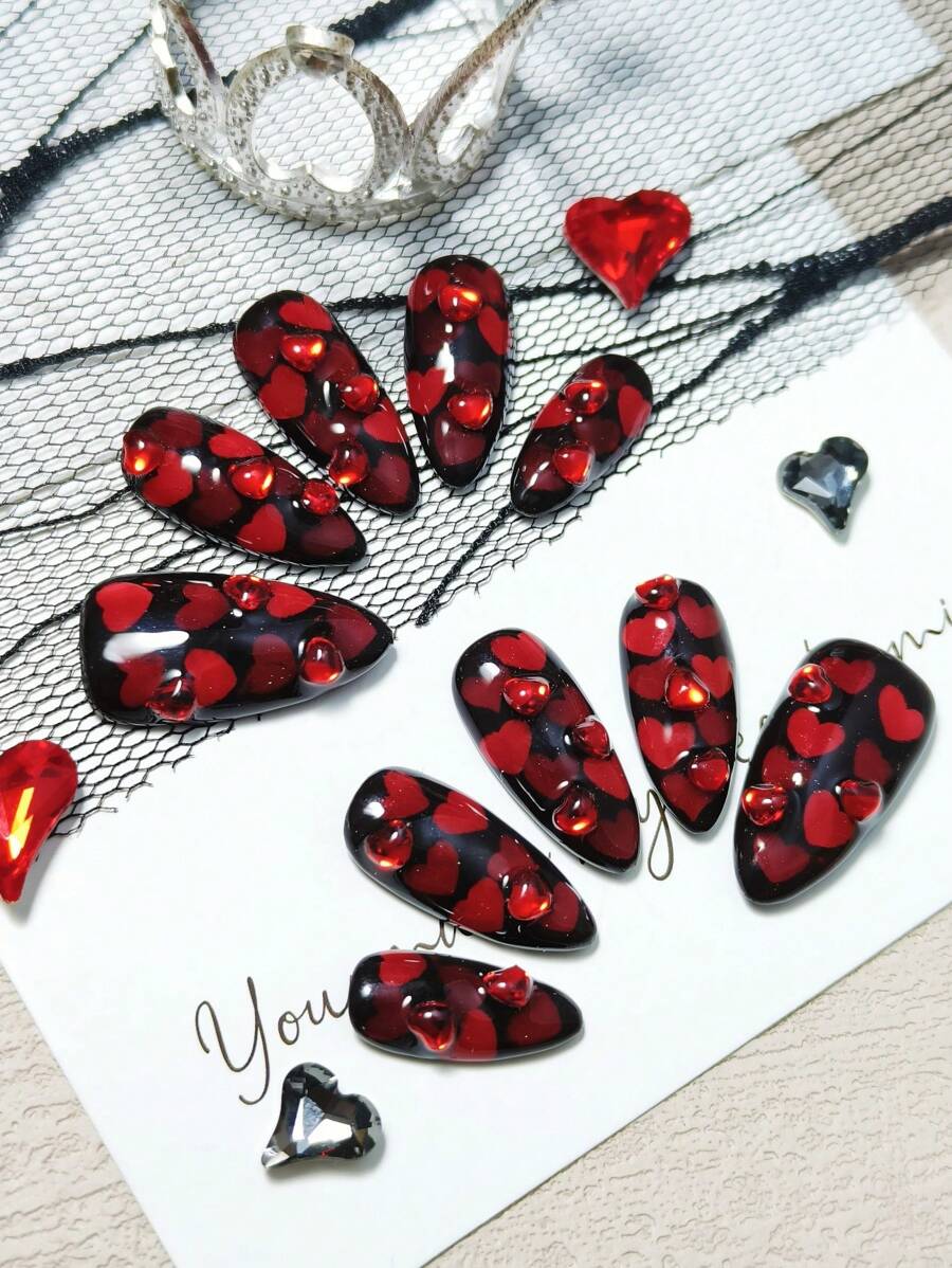 Y2K Romantic Baby|10 Medium-Length Almond-Shaped Handmade Press-On Nails.This Style Has A Black Background, Red Heart-Shaped Sequins, And Water Drop Decoration, Which Gives A Feeling Of Romantic Love.Perfect For Sweet, Stylish And Sexy Girls, Perfect For Dates, Parties, Disco And Camping.This Manicure Set Contains 1 Jelly Gel And 1 Mini Nail File, As Well As A Set Of Beautiful Handmade Press-On Nails. - Multicolor - View 1