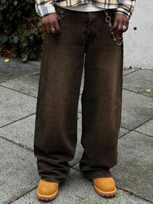 时尚休闲口袋年轻街头风格运动宽松直筒阔腿男士牛仔裤