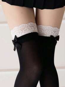 "Charming Bow Lace Trim Thigh High Socks - Elegant Thin Lolita Long Tube Stockings For Women | Perfect For Spring/Summer Wear" - Multicolor - View 3