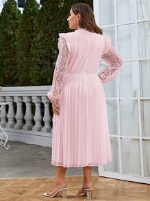 Simplee Plus Size Women's Summer New Contrast Lace Pleated Hem Elegant Long Dress, Suitable For Elegant Party, Wedding Guest