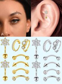 8Pcs Rook Daith Piercing Jewelry 16G Stainless Steel Curved Barbell Eyebrow Rings Helix Tragus Snug Lip Belly Button Piercing Flower CZ Daith Rook Earrings For Women Men Daily Wear, Ideal Gifts For Vacation - Multicolor - View 1