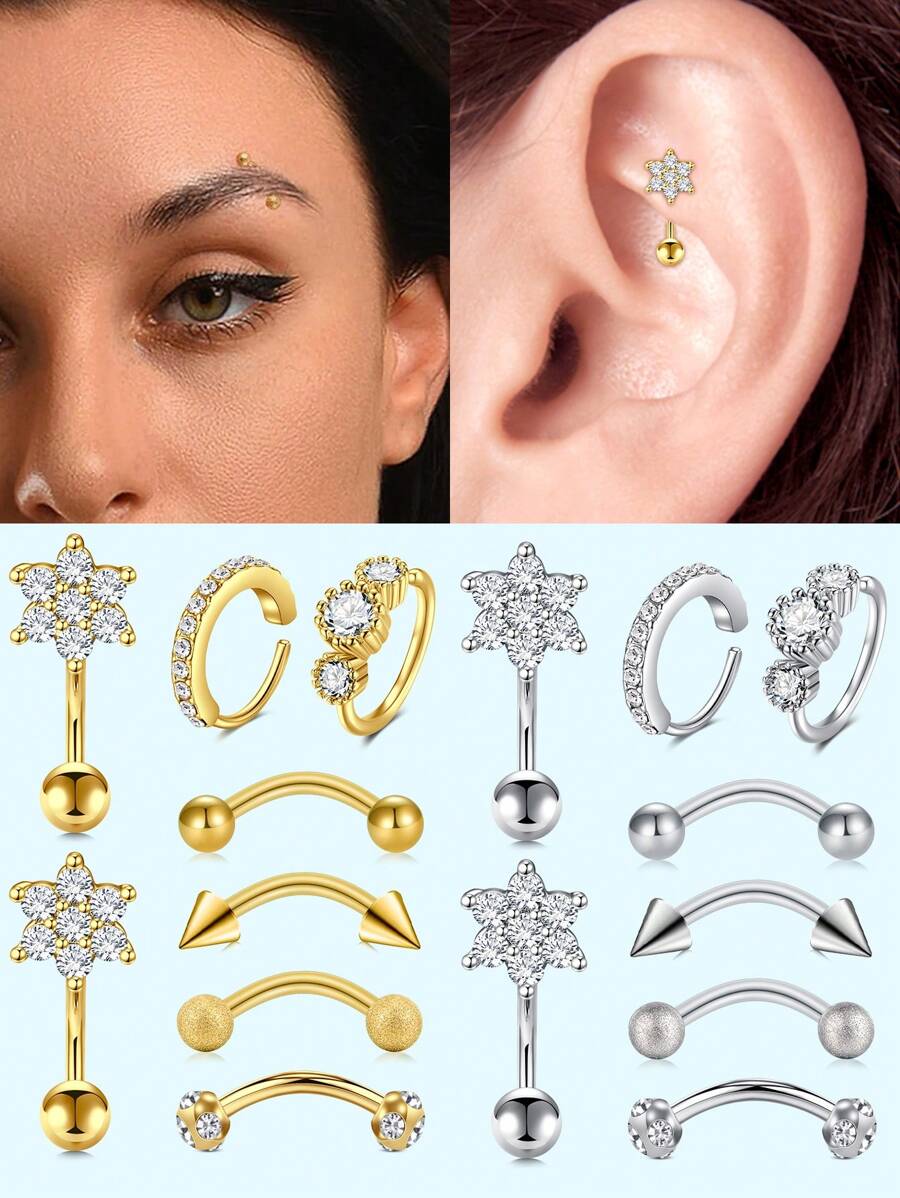 8Pcs Rook Daith Piercing Jewelry 16G Stainless Steel Curved Barbell Eyebrow Rings Helix Tragus Snug Lip Belly Button Piercing Flower CZ Daith Rook Earrings For Women Men Daily Wear, Ideal Gifts For Vacation - Multicolor - View 1