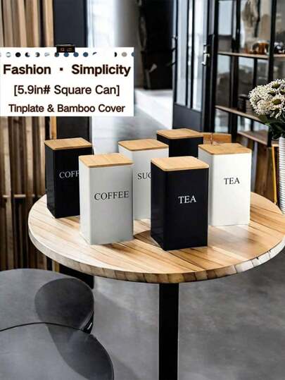 1 个方形金属罐，配木/铁盖 - 茶、糖、咖啡、竹盖密封包装，简约风格马口铁罐糖茶咖啡马口铁盒，储物盒储物罐，房间装饰，家居装饰