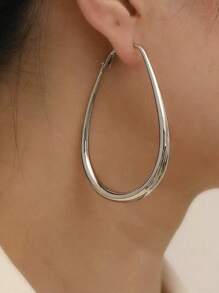 1 Pair Oval Water Drop Shape Smooth Hoop Earrings, Suitable For Daily Wear - Silver - View 1