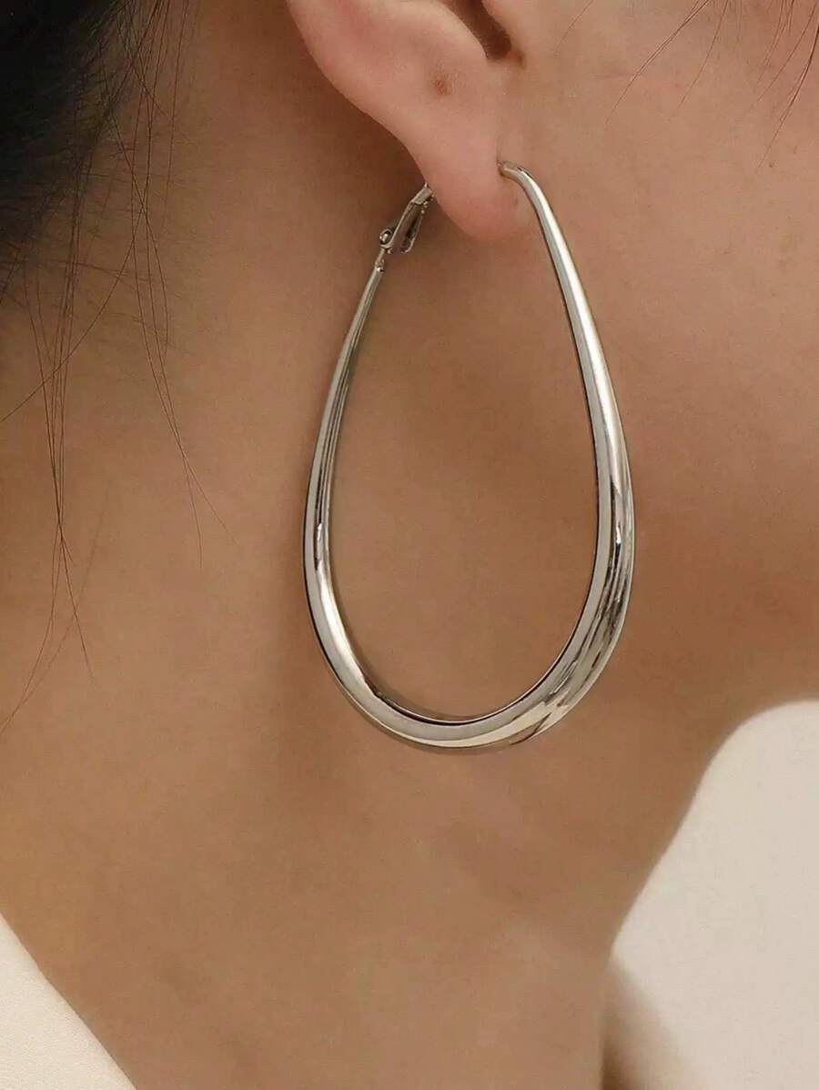 1 Pair Oval Water Drop Shape Smooth Hoop Earrings, Suitable For Daily Wear - Silver - View 1