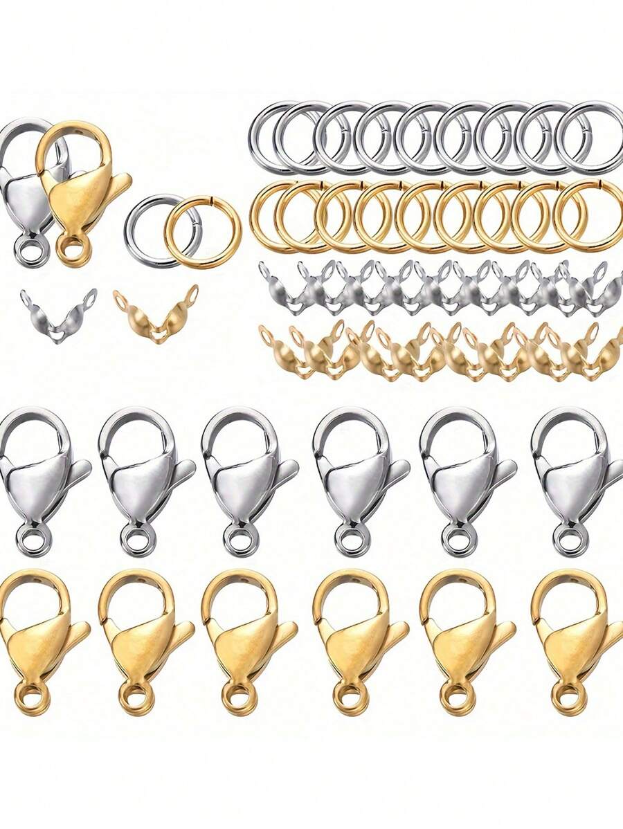 80pcs/Set Stainless Steel Lobster Clasps Crimp Bead Clasp Jump Rings Connector For DIY Bracelet Necklace Chains Jewelry Making - Multicolor - View 1