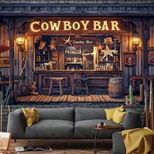 Pancarta de fondo de estilo retro occidental para bar, decoración de fiesta con tema de vaquero, diseño de patrón de barra de madera, barril y taburete, adecuado para fiestas con tema de vaqueros, Pascua, decoración del Día de la Madre