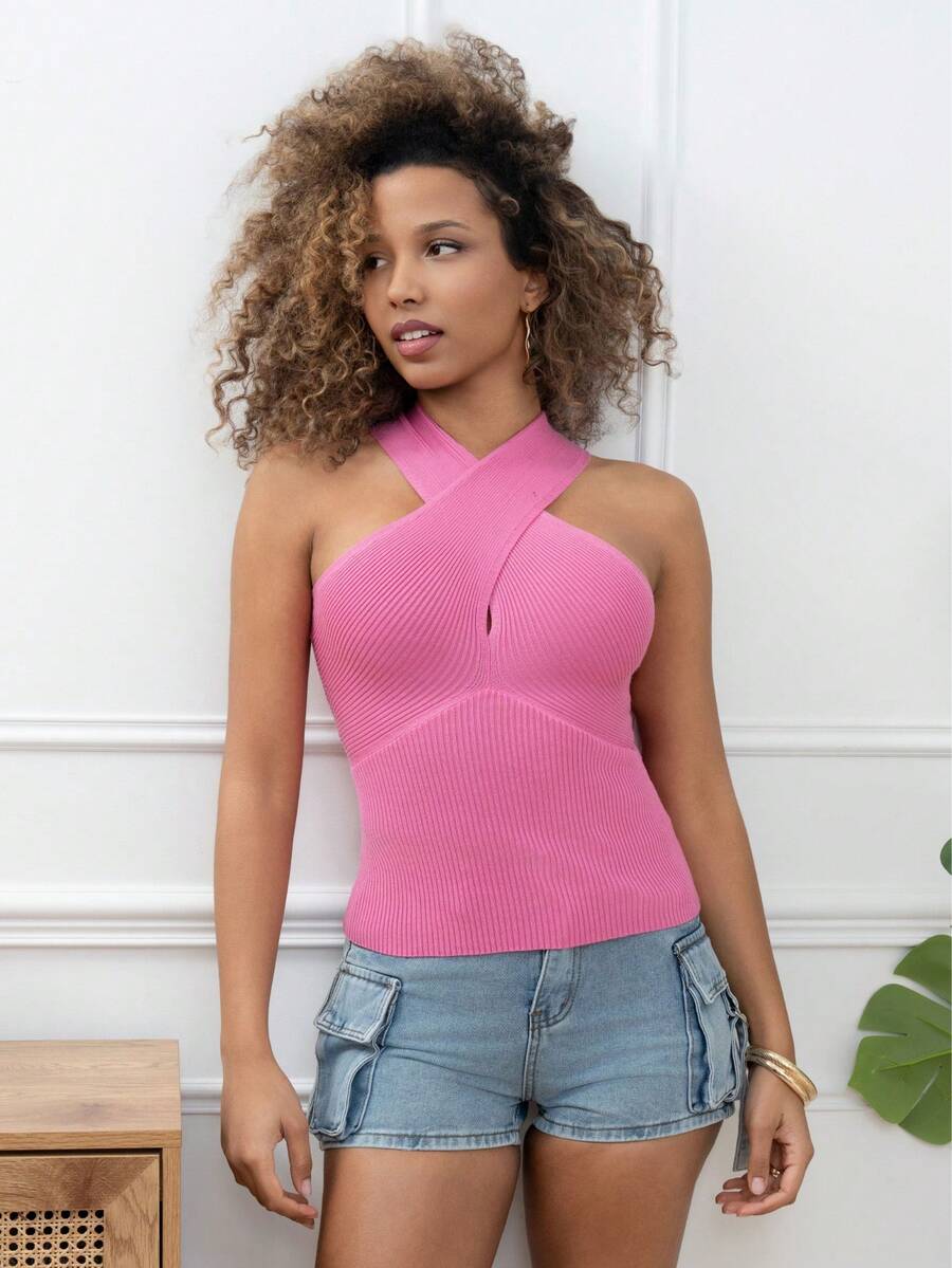 Ribbed Off-Shoulder Knit Top With A Crossed Neckline For A Refined And Modern Look. - Pink - View 1