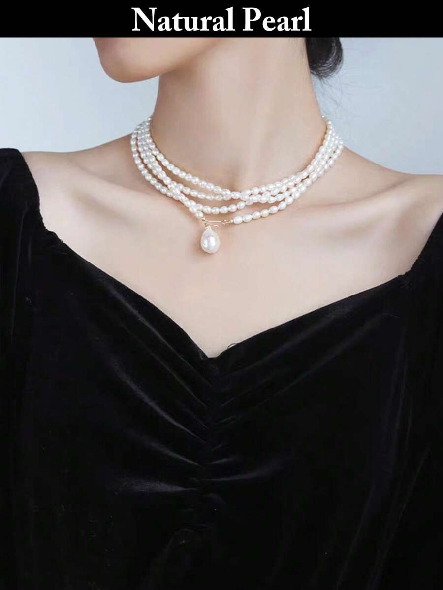 1pc Multi-Layer Natural Pearl Necklace, White, Long, Fashion & Personalized Style, Suitable For Daily Wear And Gifting
