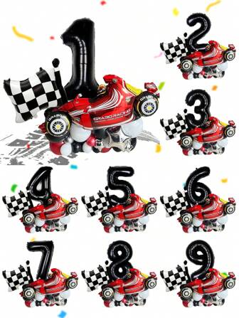 42 件/套 - 32 英寸黑色数字气球、巨型红色赛车铝箔气球、黑白赛车旗气球，适合生日派对、赛车主题、冠军庆祝装饰
