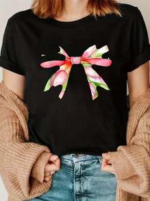 100% Cotton Easter Tulip Coquette Bow Pink Spring Flowers Floral Tulips T-Shirt Printed O-Neck Casual T Shirt Women's Clothing