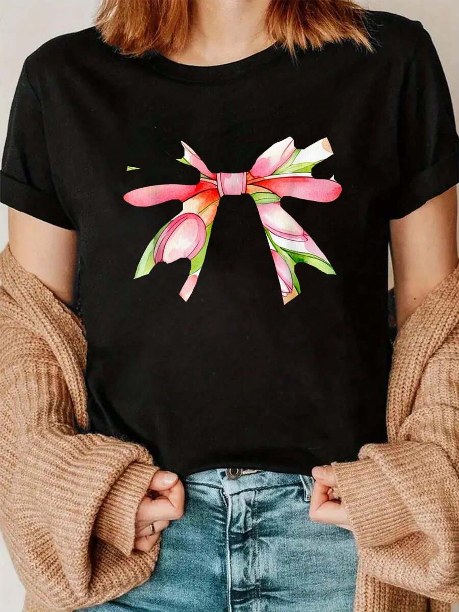 100% Cotton Easter Tulip Coquette Bow Pink Spring Flowers Floral Tulips T-Shirt Printed O-Neck Casual T Shirt Women's Clothing