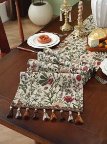 1 件编织提花花卉 + 流苏桌旗，适用于房间/餐桌/家居装饰，适合节日、派对、生日、婚礼和宴会，流苏颜色和数量随机