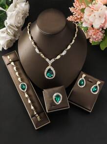 5pcs Women's Copper Alloy Rhinestone Jewelry Set, Wedding Accessories