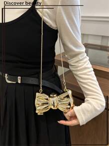 1 件亚克力镀层金属蝴蝶结迷你晚宴包，装饰百搭女士时尚链条口红包，珠宝耳机化妆盒女士礼物，适合情人节、派对、约会、单肩斜挎包，优雅女士零钱包 - 金色 - 查看 6